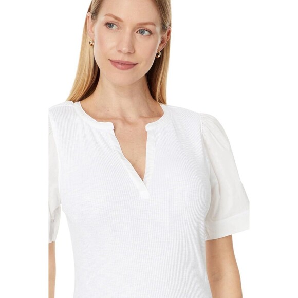 Lilla P Top Shirt Size L White Mixed Media Short Sleeve Split Neck Made in Peru - Picture 10 of 15